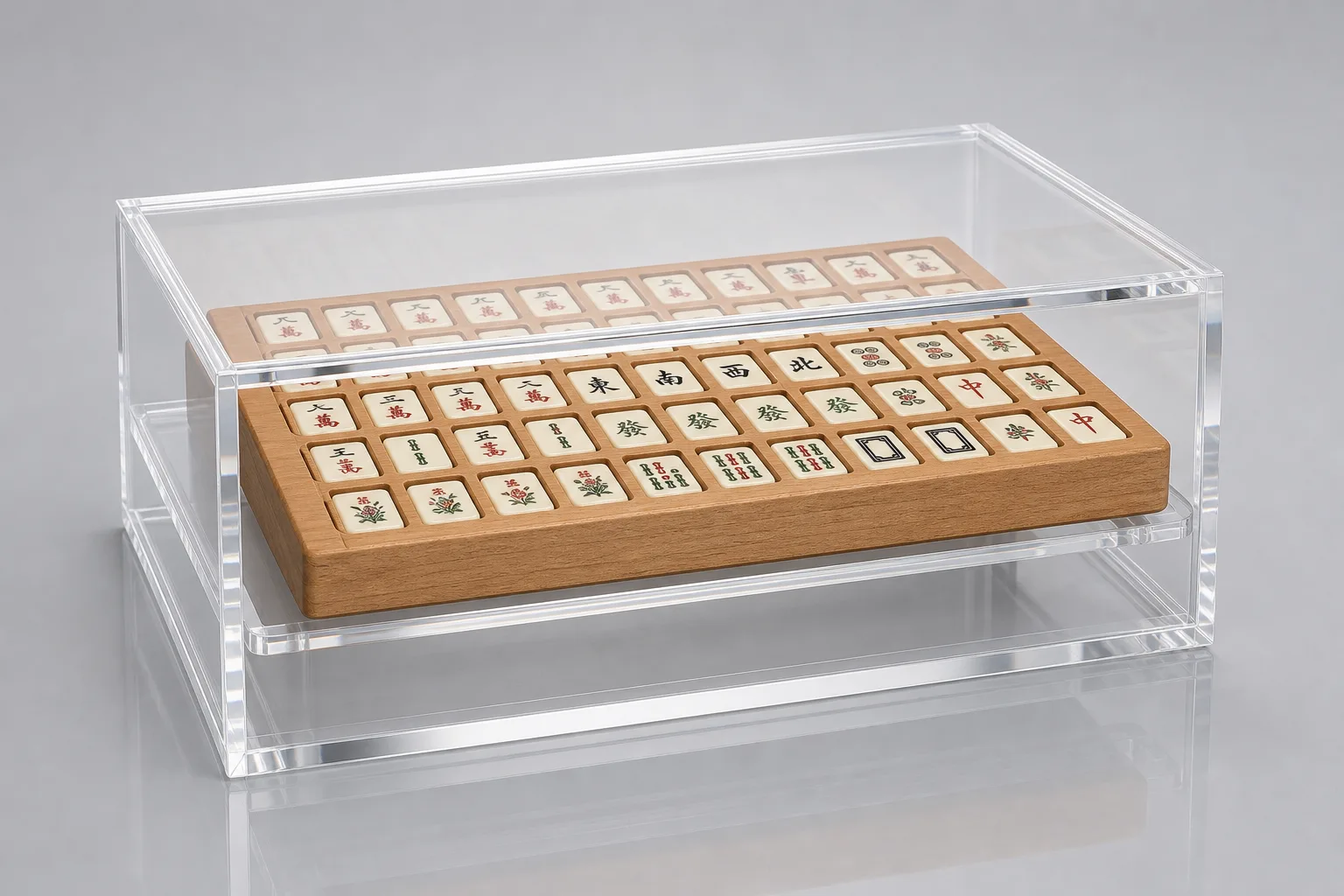 Branded mahjong rack and pusher set with an engraved tile-back logo