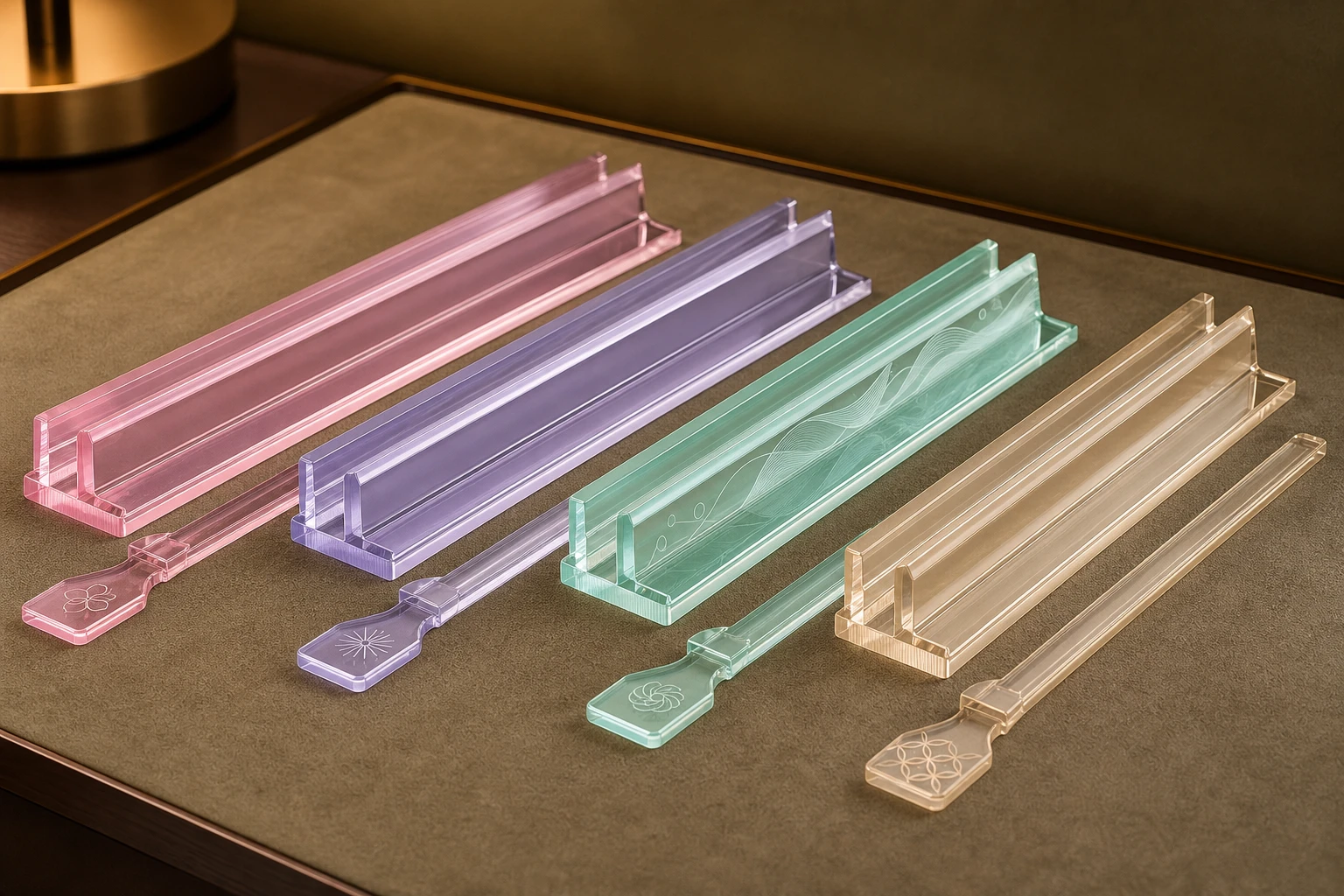 Four pastel mahjong rack-and-pusher sets with ledges