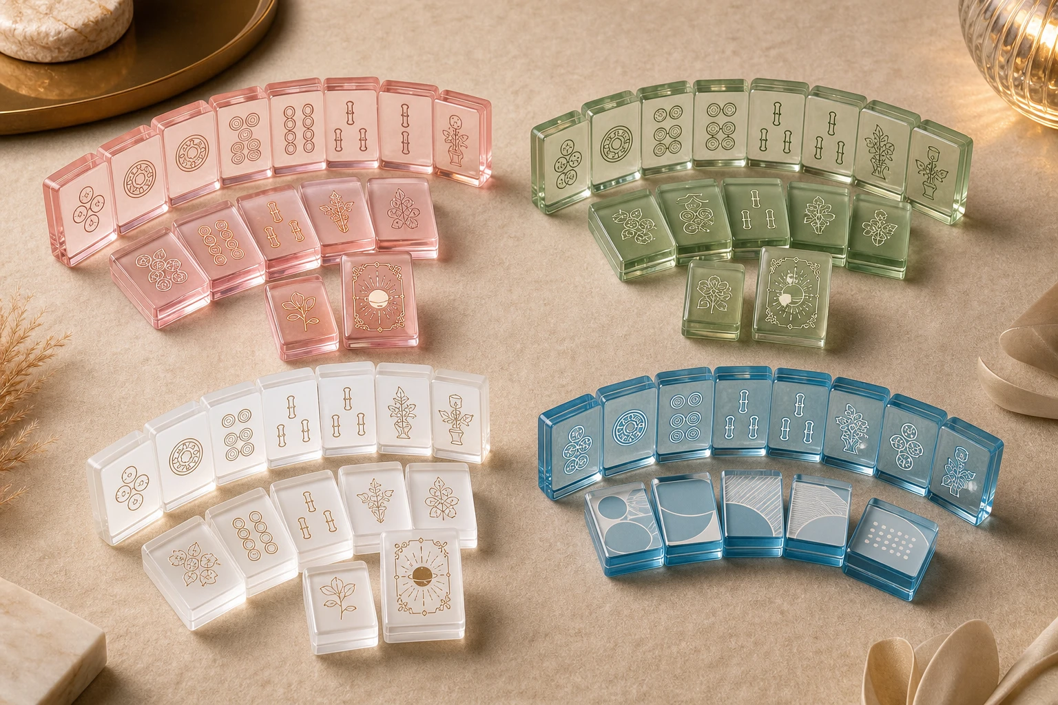 Mahjong racks and pushers in blush, sage, ivory and ocean colors