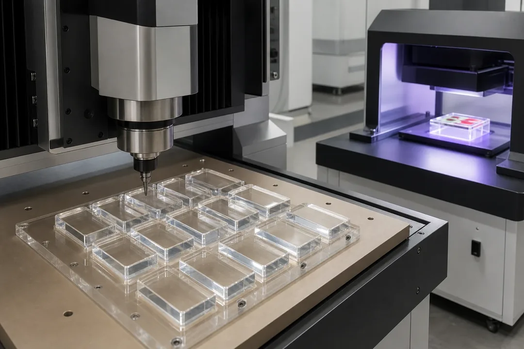 USMJ Shenzhen mahjong tile production cell — CNC cutting, laser engraving and UV printing stations for cast PMMA tiles