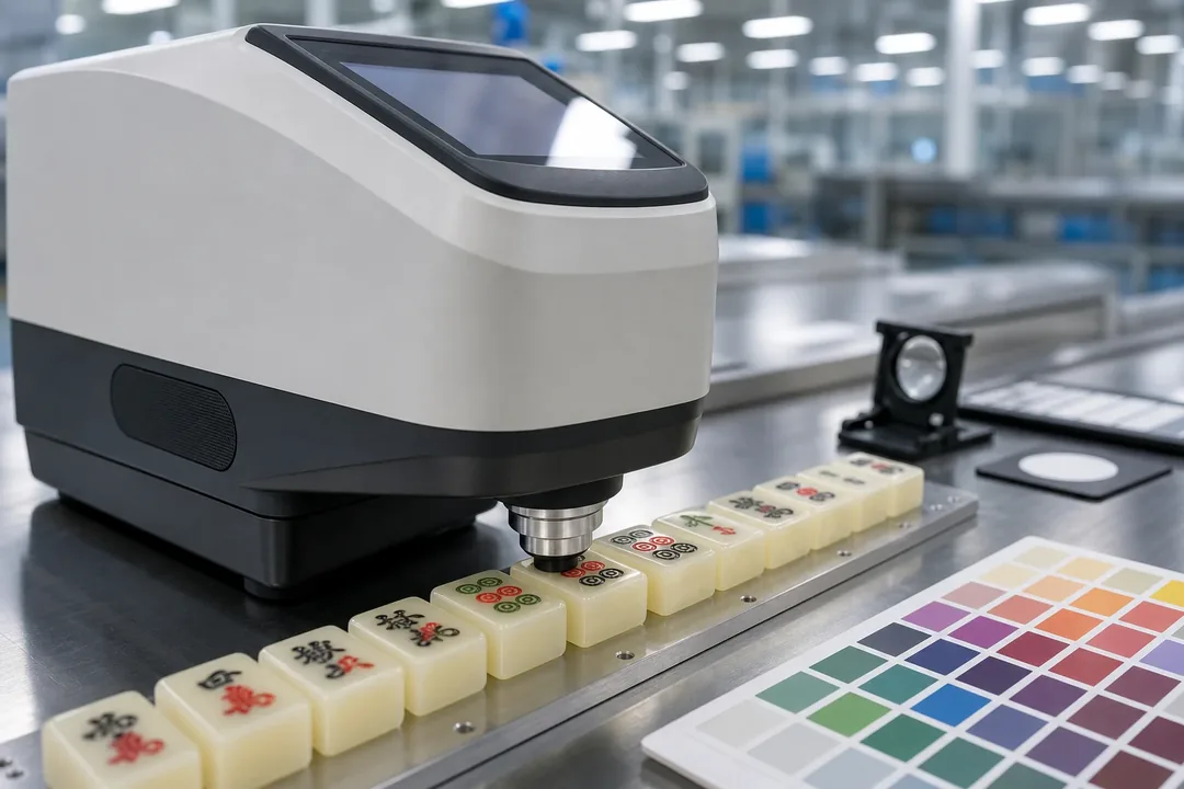 Color QC bench checking freshly UV-printed acrylic mahjong tiles against approved reference samples and color cards on a stainless steel bench